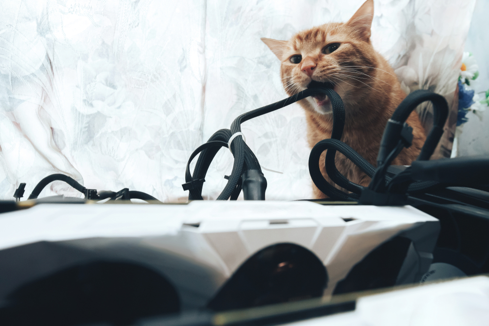 Ginger tabby cat biting and chewing on black computer power supply cables.